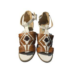 Plume Farylrobin Womens Size 9.5 Brown White  Open-Toe Heeled Sandals shoes
